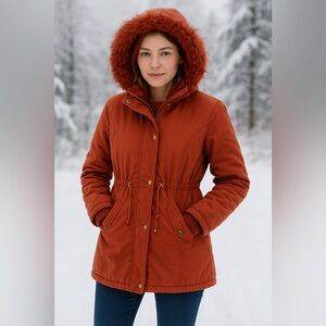 ROOSEVELT BLACK Women’s jacket Teddy Lined Parka Faux Fur Hood Terracotta Size L